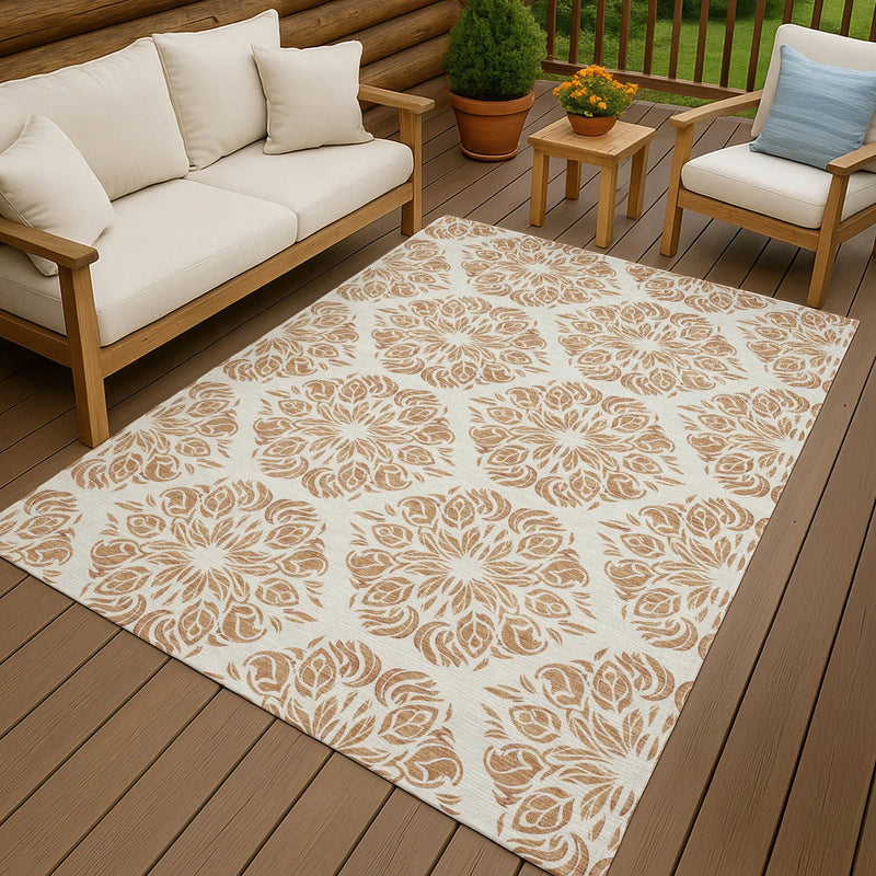 5' X 8' Copper And Ivory Damask Washable Indoor Outdoor Area Rug Homeroots Outdoor