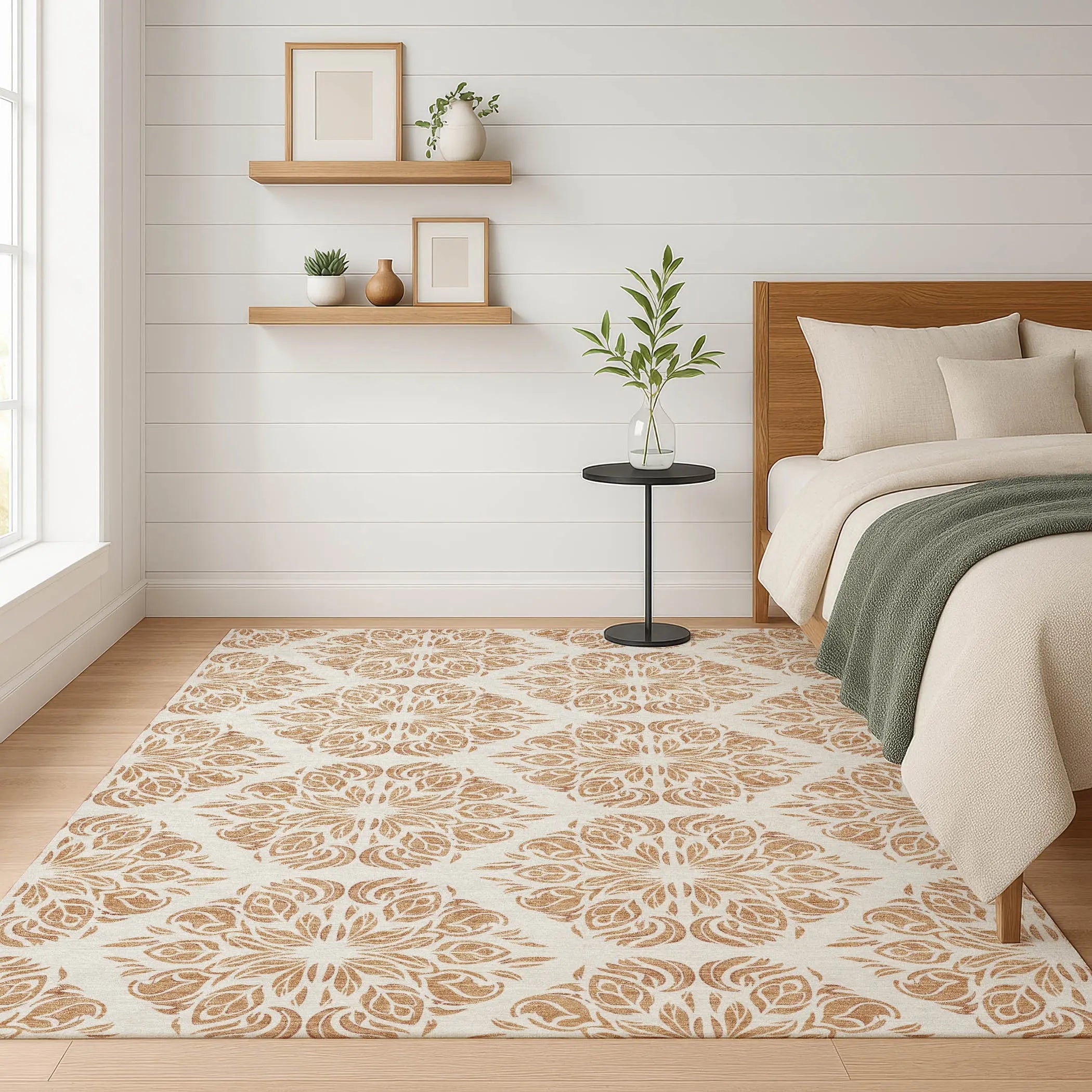 5' X 8' Copper And Ivory Damask Washable Indoor Outdoor Area Rug Homeroots Outdoor