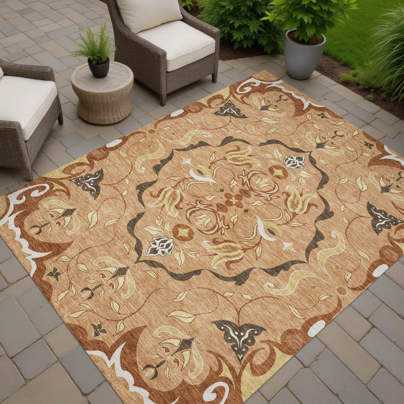 5' X 8' Copper And Orange Damask Washable Indoor Outdoor Area Rug Homeroots Outdoor