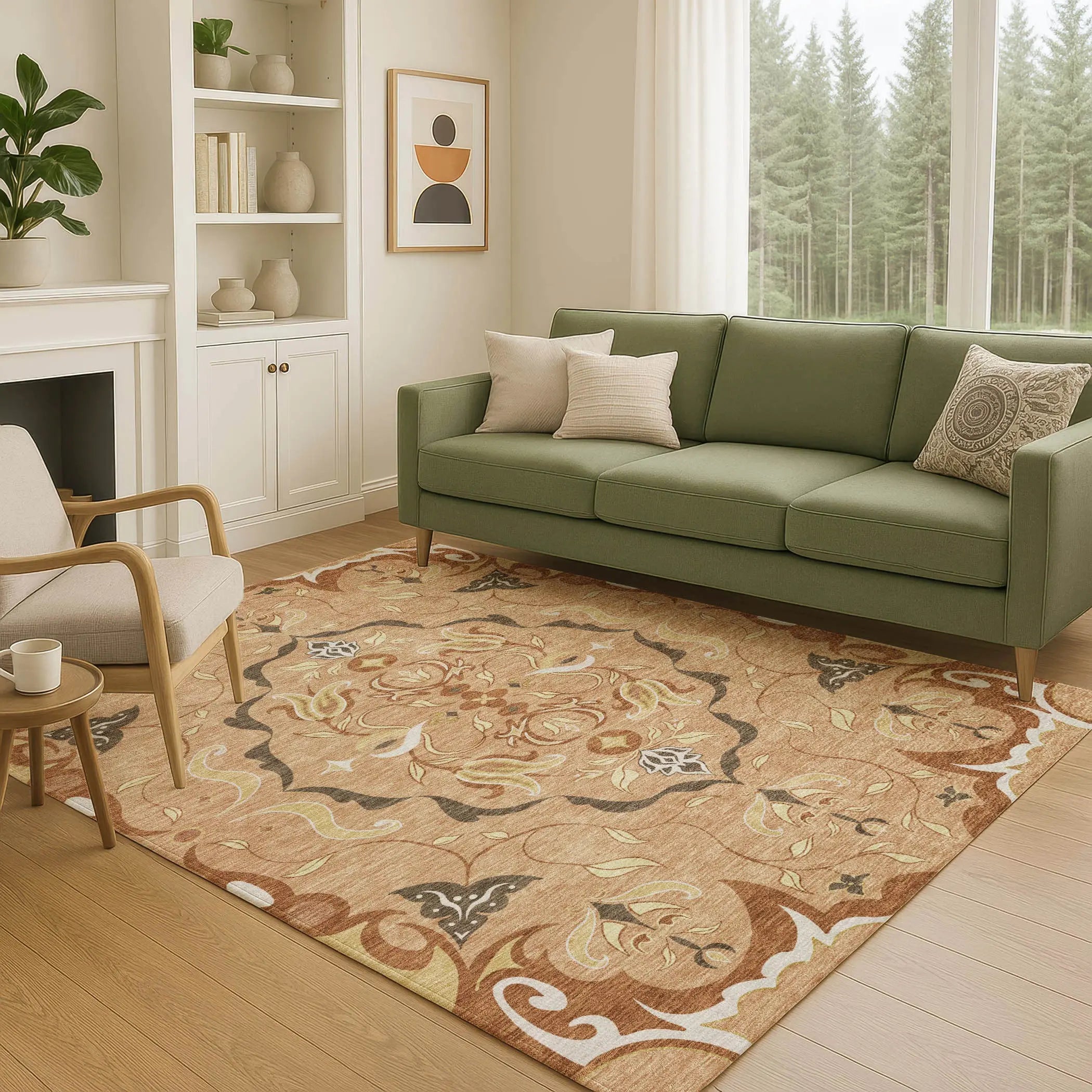 5' X 8' Copper And Orange Damask Washable Indoor Outdoor Area Rug Homeroots Outdoor