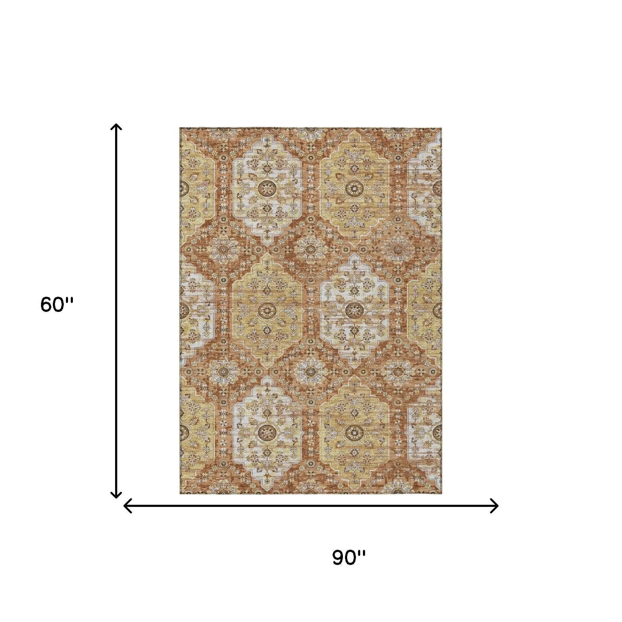 5' X 8' Copper And Orange Damask Washable Indoor Outdoor Area Rug Homeroots Outdoor