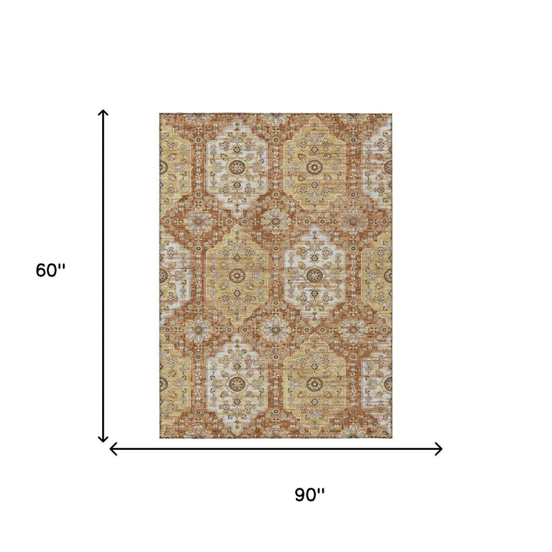 5' X 8' Copper And Orange Damask Washable Indoor Outdoor Area Rug Homeroots Outdoor