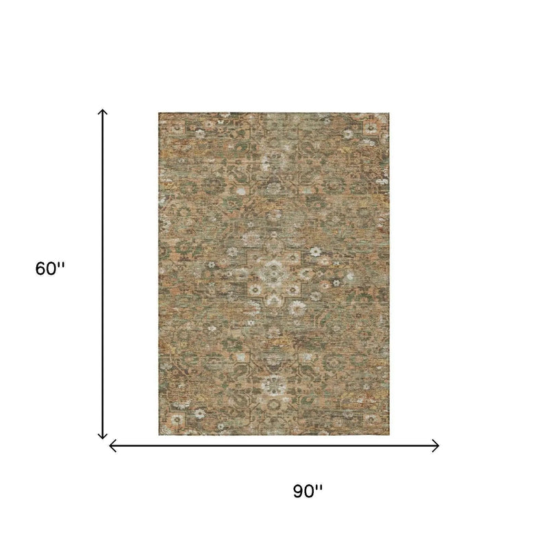 5' X 8' Copper And Orange Floral Medallion Washable Indoor Outdoor Area Rug Homeroots Outdoor