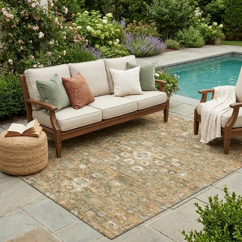 5' X 8' Copper And Orange Floral Medallion Washable Indoor Outdoor Area Rug Homeroots Outdoor
