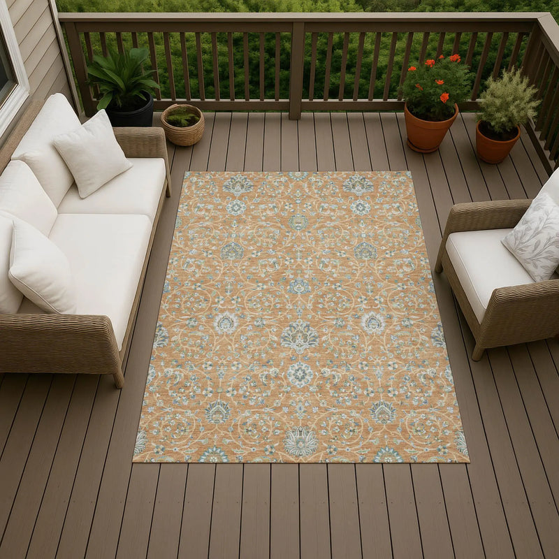 5' X 8' Copper And Orange Floral Washable Indoor Outdoor Area Rug Homeroots Outdoor