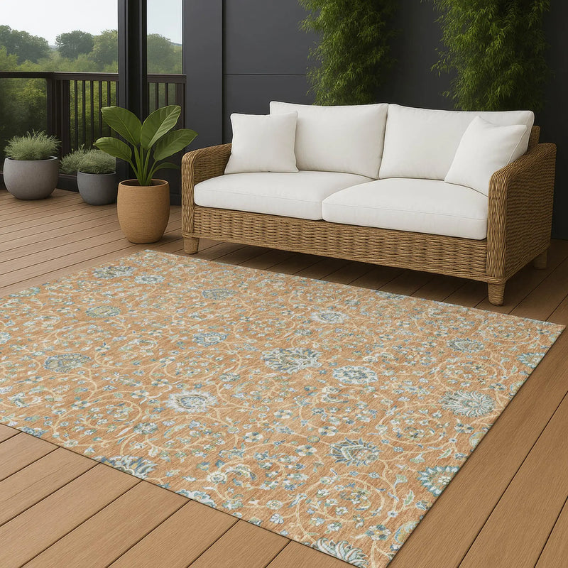 5' X 8' Copper And Orange Floral Washable Indoor Outdoor Area Rug Homeroots Outdoor