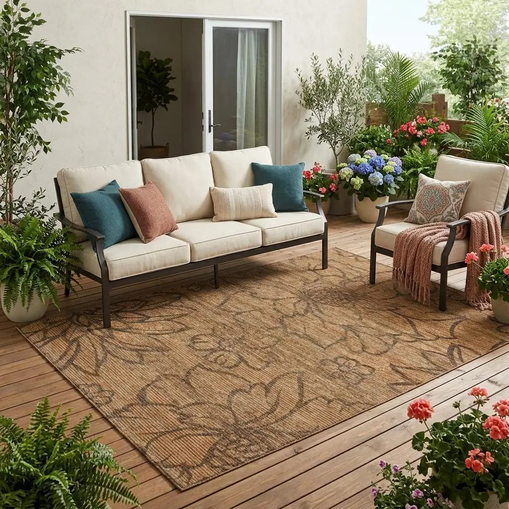 5' X 8' Copper And Orange Floral Washable Indoor Outdoor Area Rug Homeroots Outdoor
