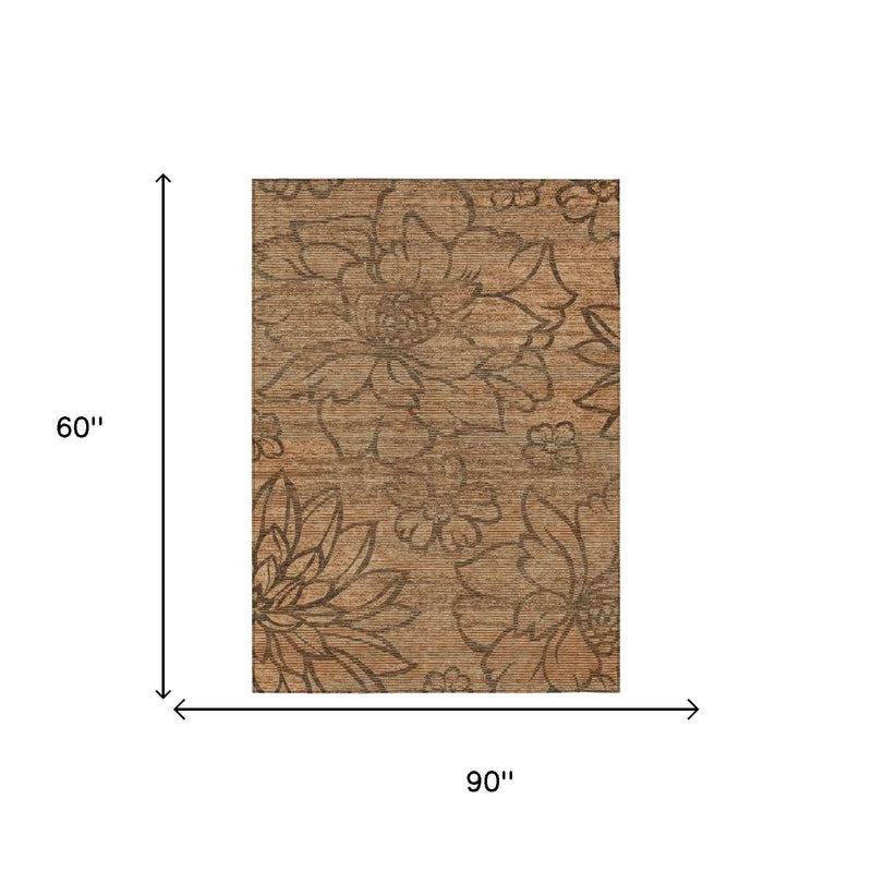5' X 8' Copper And Orange Floral Washable Indoor Outdoor Area Rug Homeroots Outdoor
