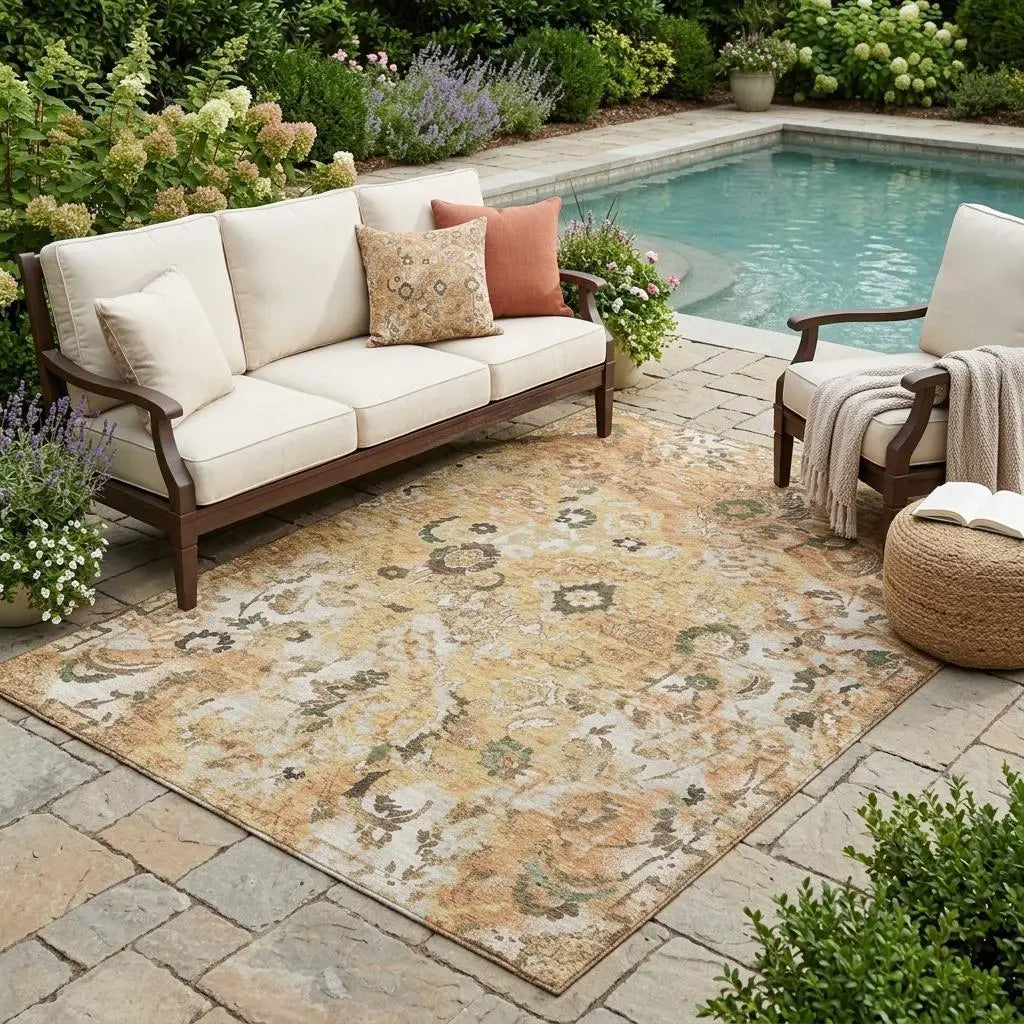5' X 8' Copper And Orange Floral Washable Indoor Outdoor Area Rug Homeroots Outdoor