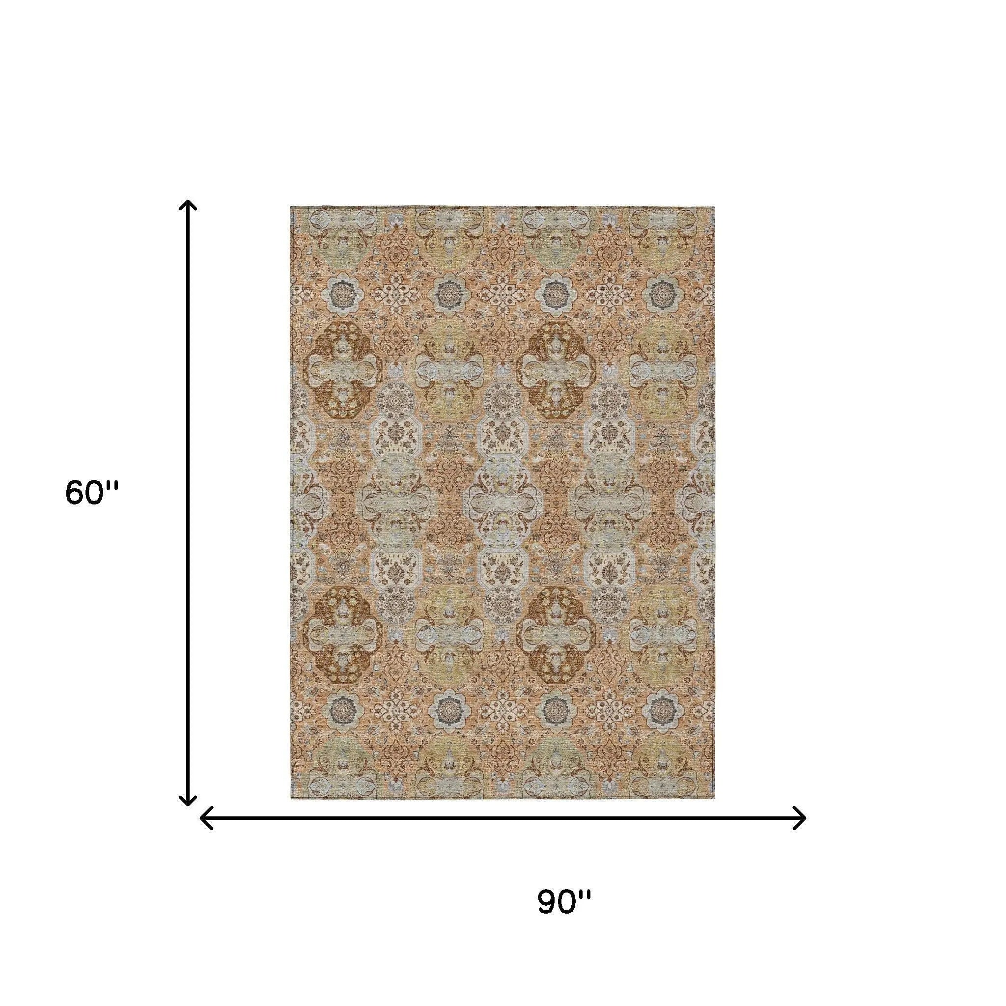 5' X 8' Copper And Orange Floral Washable Indoor Outdoor Area Rug Homeroots Outdoor