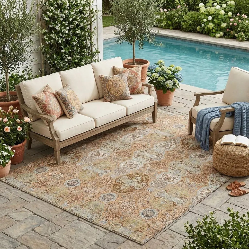 5' X 8' Copper And Orange Floral Washable Indoor Outdoor Area Rug Homeroots Outdoor