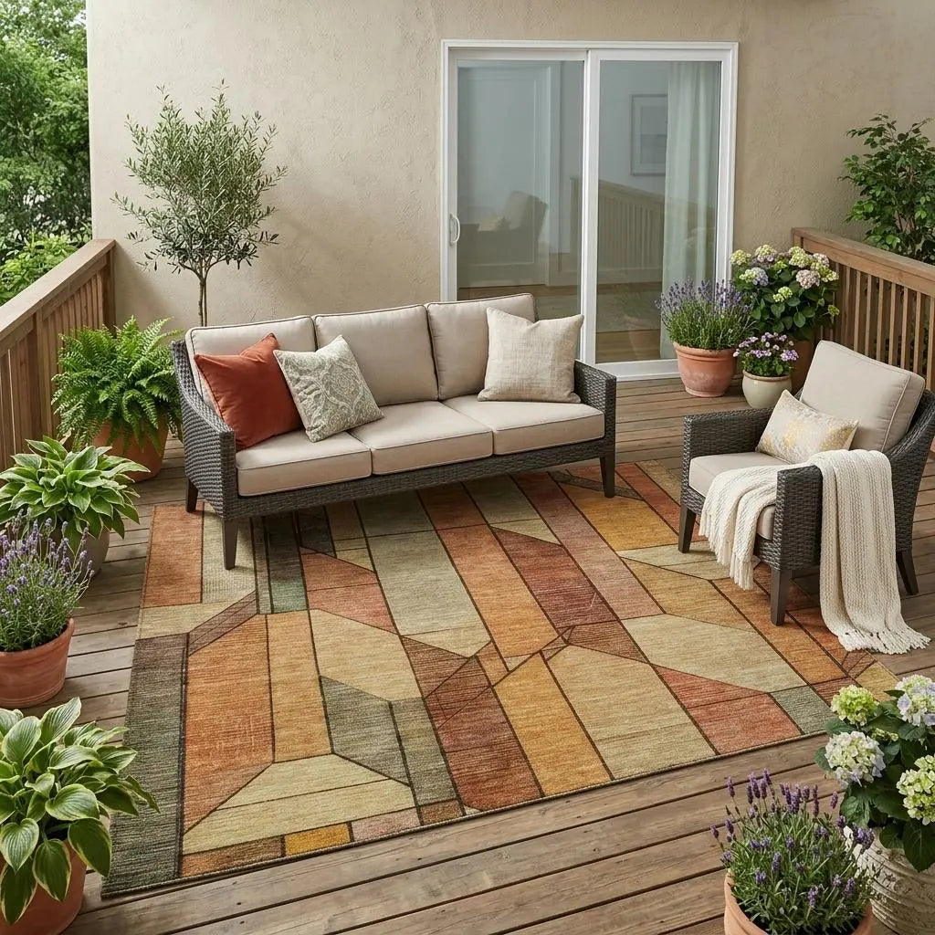 5' X 8' Copper And Orange Geometric Washable Indoor Outdoor Area Rug Homeroots Outdoor
