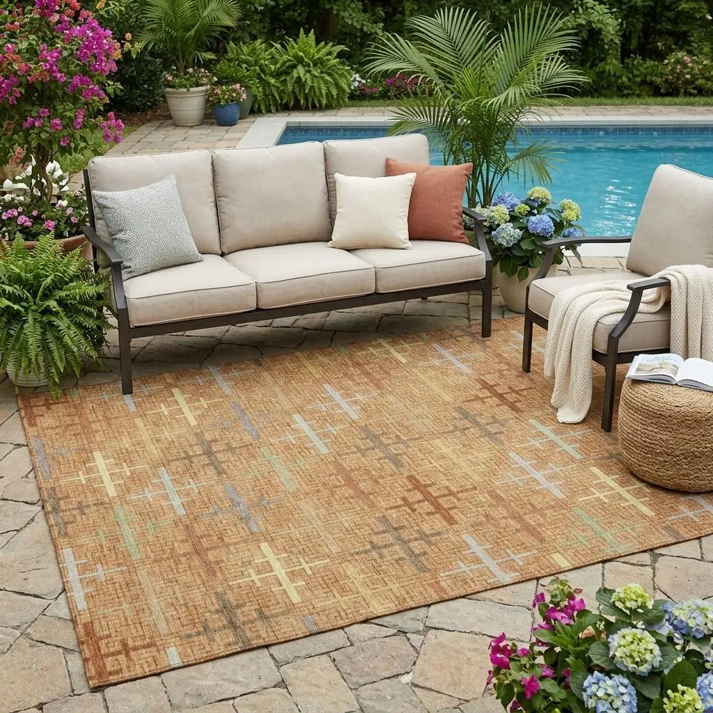 5' X 8' Copper And Orange Geometric Washable Indoor Outdoor Area Rug Homeroots Outdoor