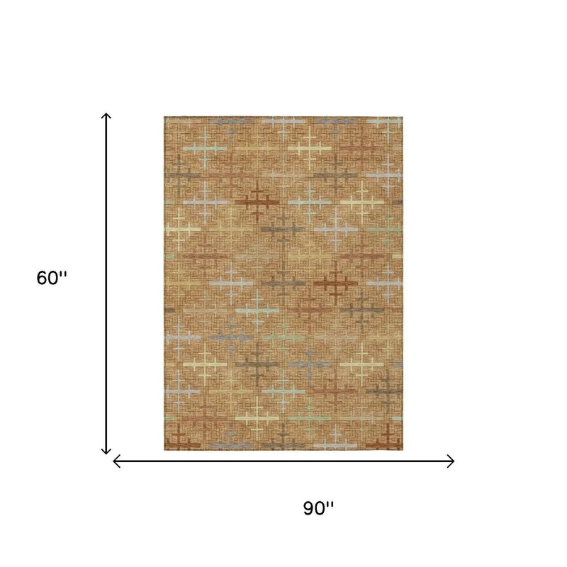 5' X 8' Copper And Orange Geometric Washable Indoor Outdoor Area Rug Homeroots Outdoor