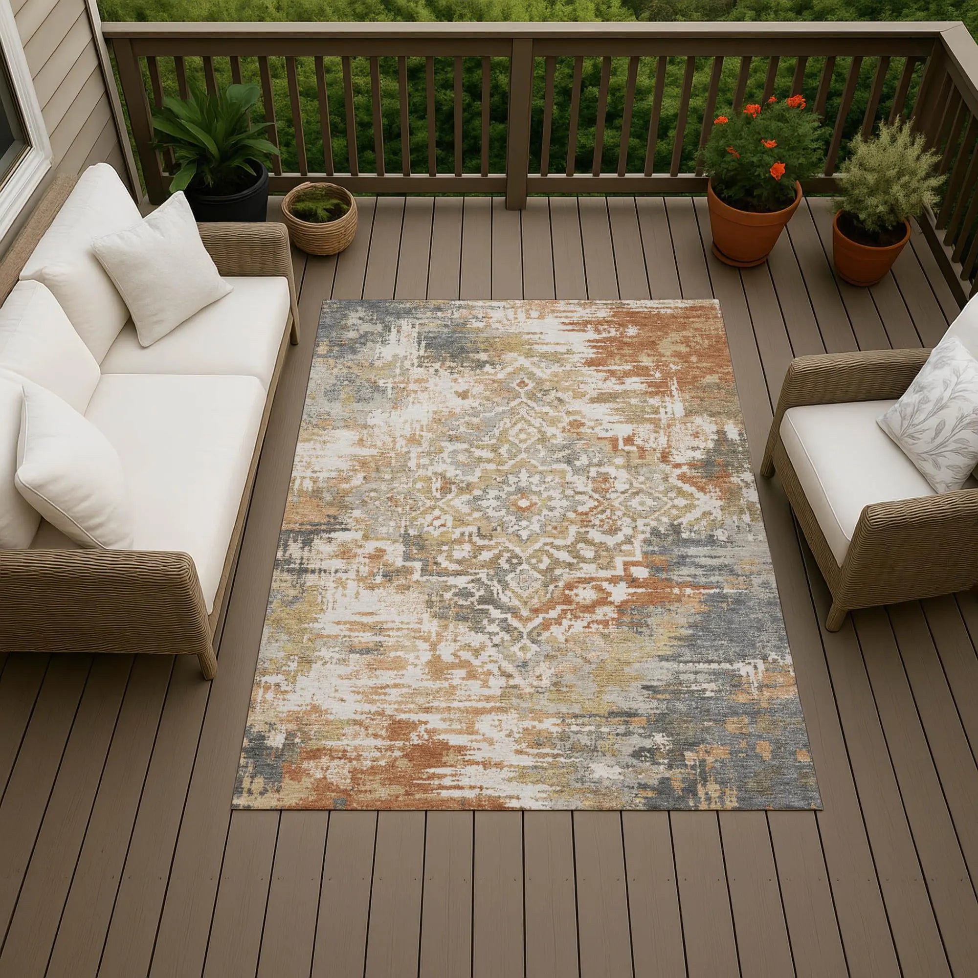 5' X 8' Copper And Orange Medallion Washable Indoor Outdoor Area Rug Homeroots Outdoor