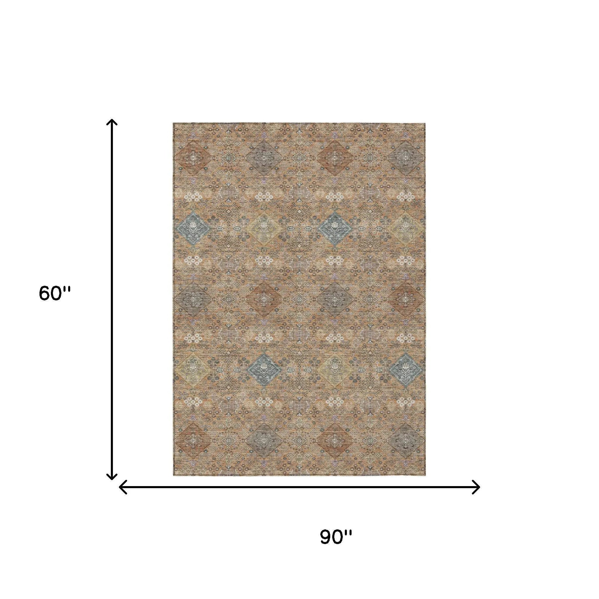 5' X 8' Copper And Orange Oriental Washable Indoor Outdoor Area Rug Homeroots Outdoor
