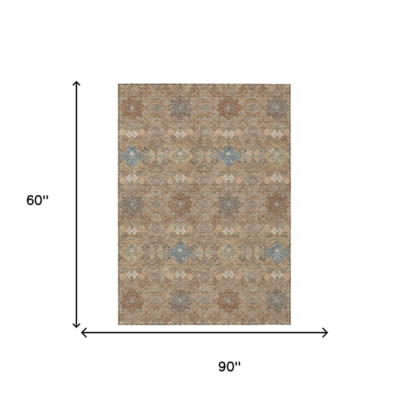 5' X 8' Copper And Orange Oriental Washable Indoor Outdoor Area Rug Homeroots Outdoor