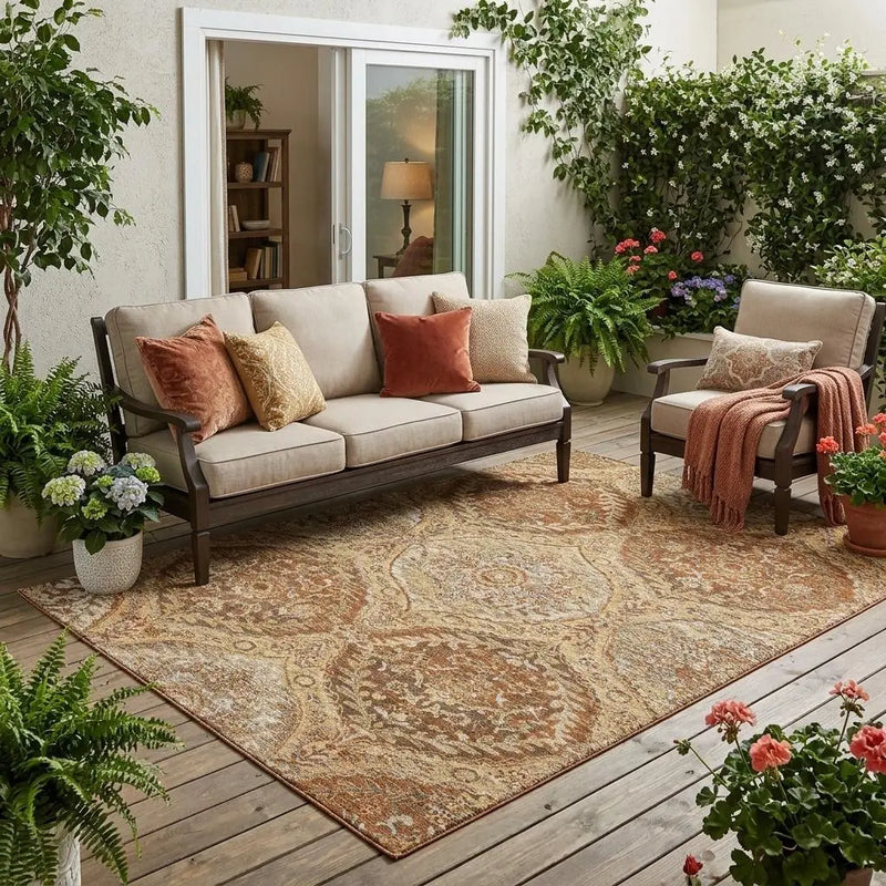 Beige outdoor sofa with dark wood frame, matching armchair, decorative pillows, and a warm-toned patterned rug.