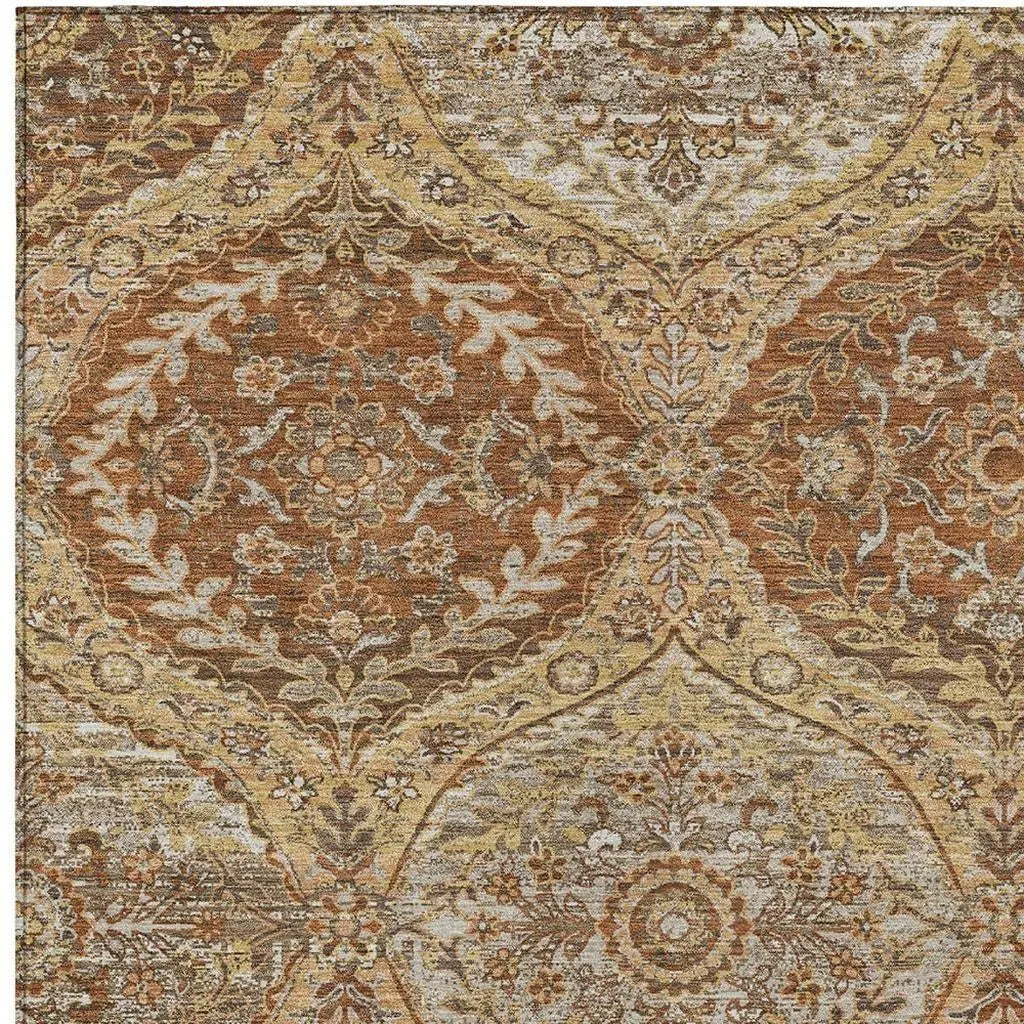 Vintage-inspired area rug in warm gold, orange, and cream, featuring intricate floral motifs and a soft, plush texture.