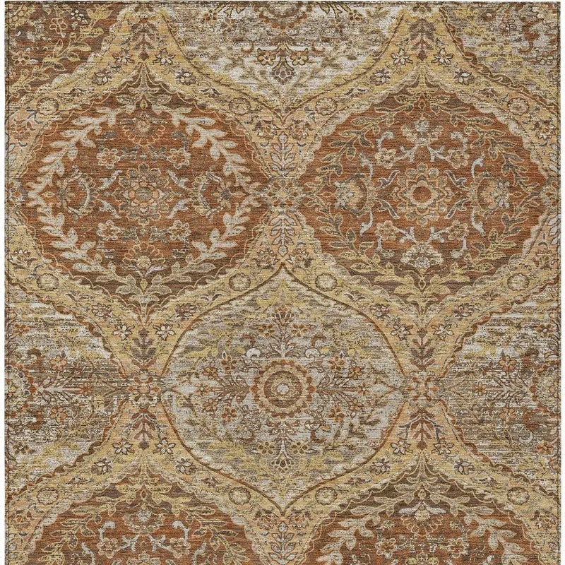 Rustic beige and rust floral patterned area rug in vintage Persian style, featuring intricate designs and soft texture.