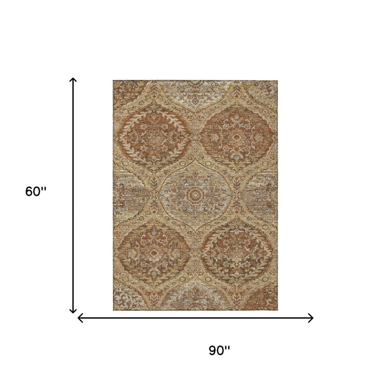 Classic rust and cream area rug, 90"x60", floral medallion design, durable woven material, perfect for living spaces.