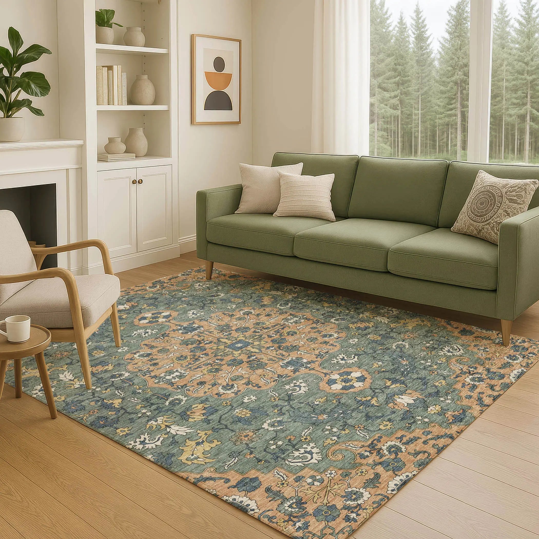 5' X 8' Copper And Sage Floral Medallion Washable Indoor Outdoor Area Rug Homeroots Outdoor