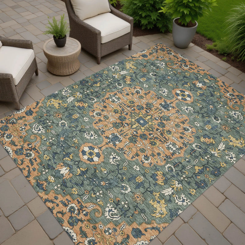5' X 8' Copper And Sage Floral Medallion Washable Indoor Outdoor Area Rug Homeroots Outdoor