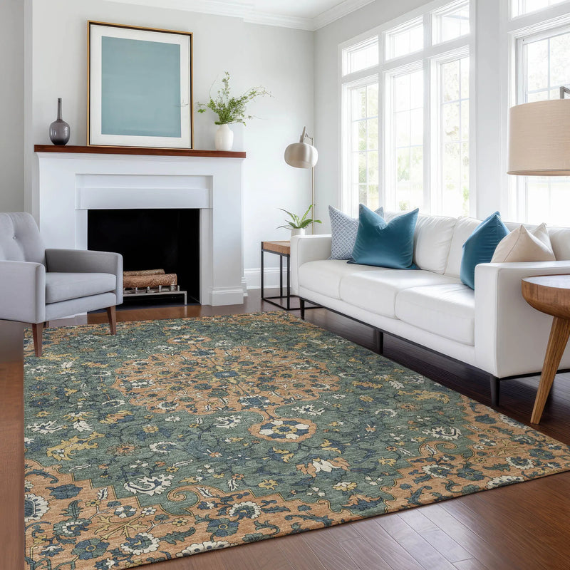 5' X 8' Copper And Sage Floral Medallion Washable Indoor Outdoor Area Rug Homeroots Outdoor