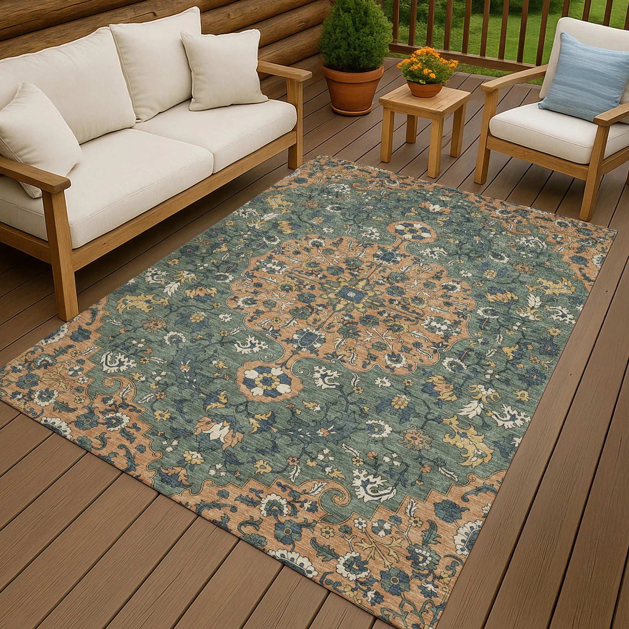 5' X 8' Copper And Sage Floral Medallion Washable Indoor Outdoor Area Rug Homeroots Outdoor
