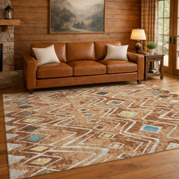 5' X 8' Copper And Taupe Geometric Washable Indoor Outdoor Area Rug Homeroots Outdoor