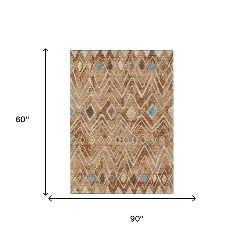 5' X 8' Copper And Taupe Geometric Washable Indoor Outdoor Area Rug Homeroots Outdoor