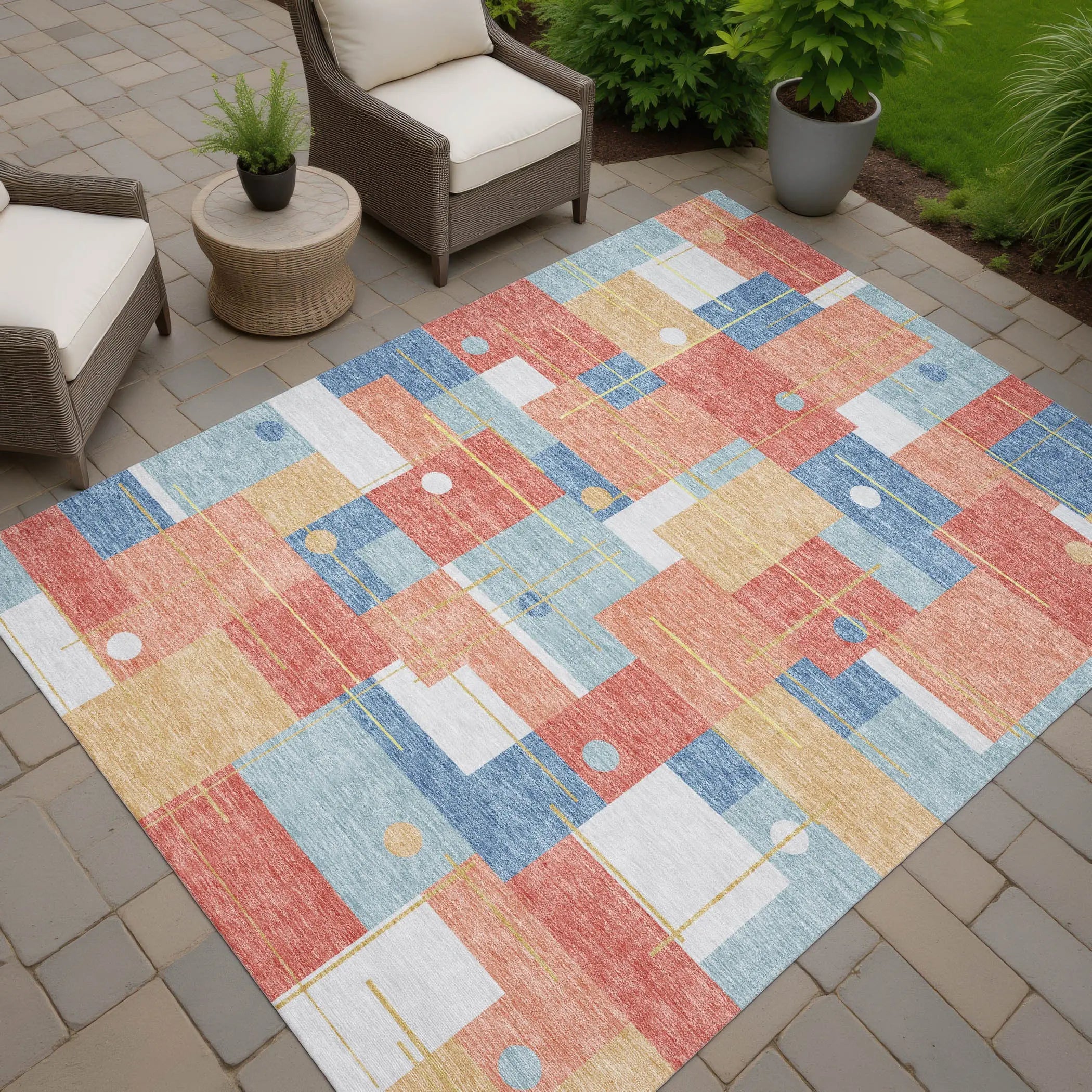 5' X 8' Coral And Brown Geometric Washable Indoor Outdoor Area Rug Homeroots Outdoor