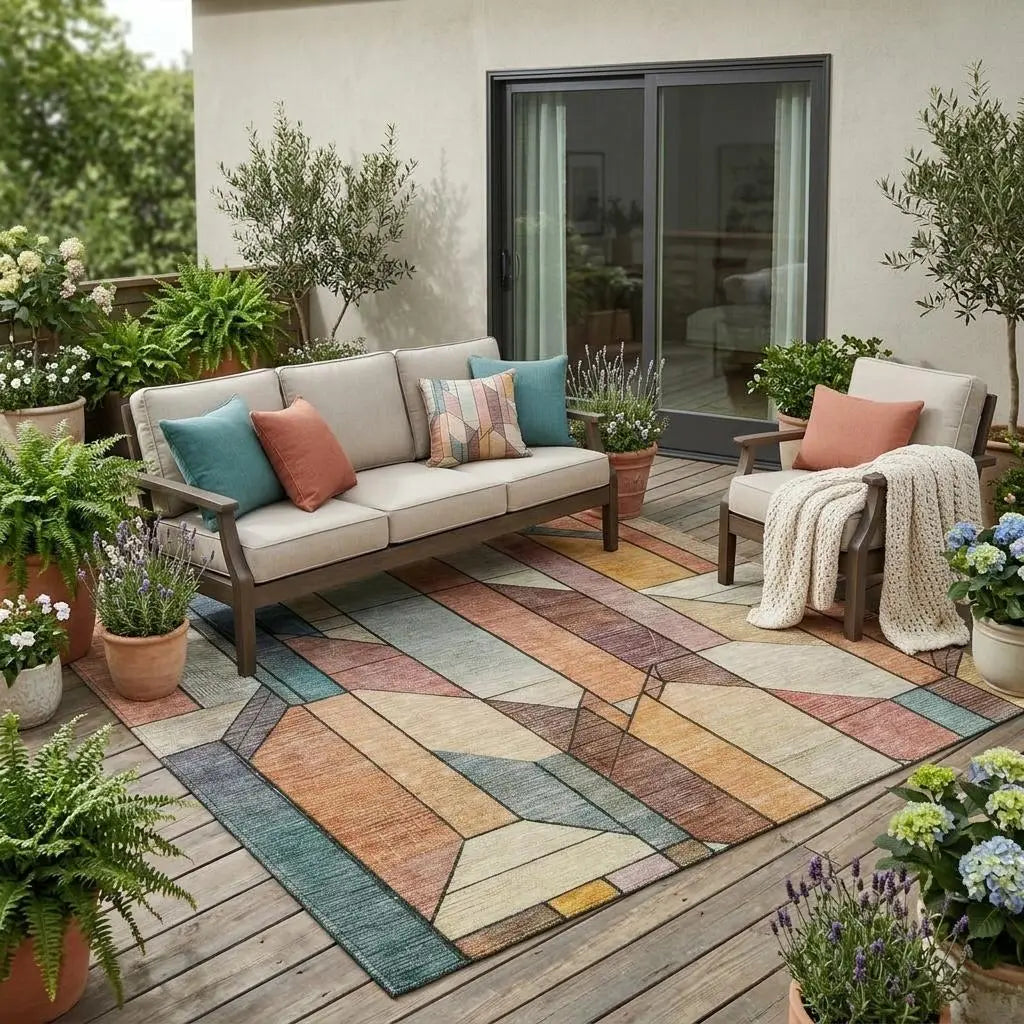 5' X 8' Coral And Orange Geometric Washable Indoor Outdoor Area Rug Homeroots Outdoor