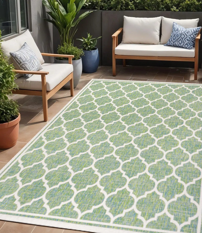 5' X 8' Cream And Green Geometric Indoor Outdoor Area Rug Homeroots Outdoor