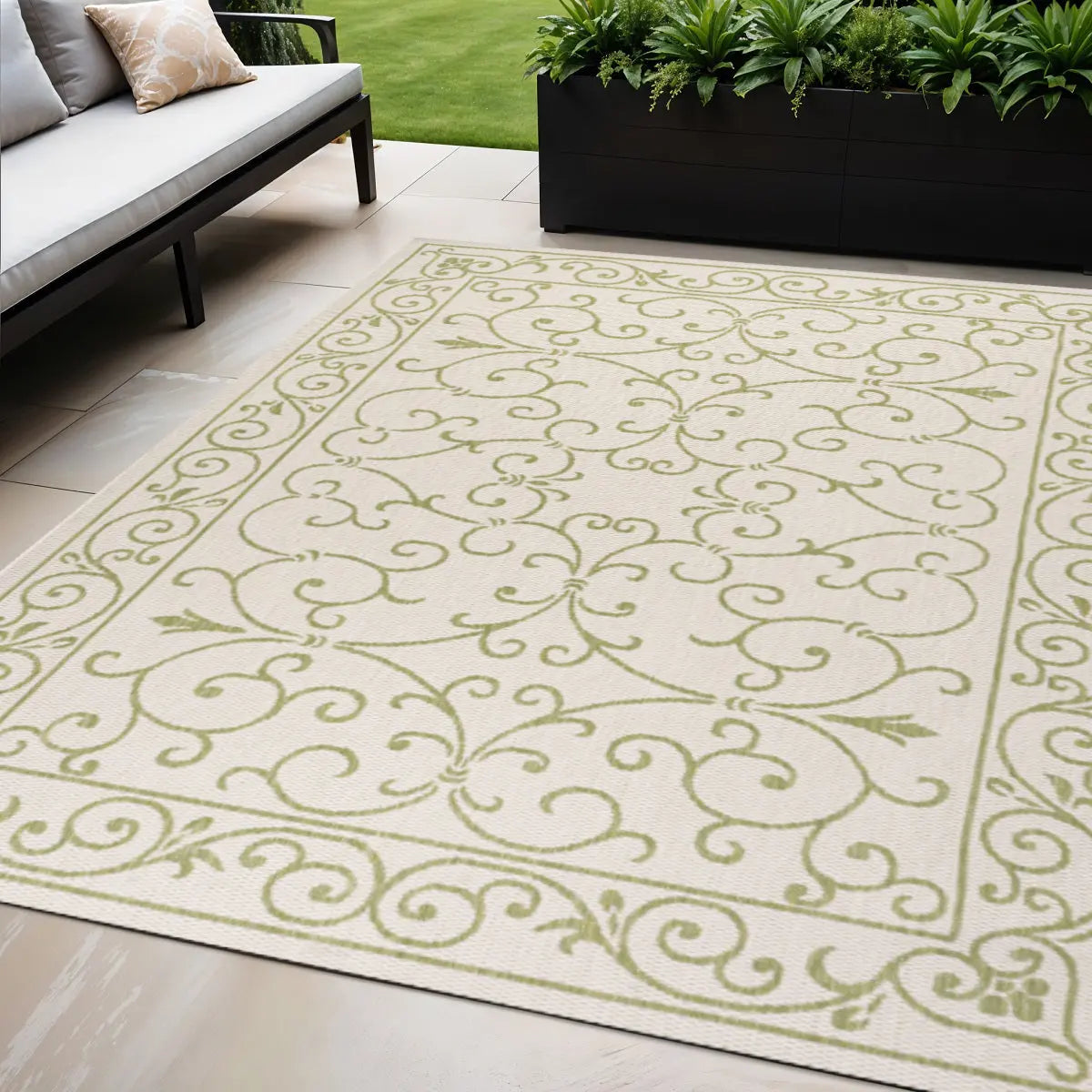 5' X 8' Cream And Green Medallion Indoor Outdoor Area Rug Homeroots Outdoor