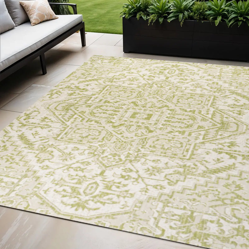 5' X 8' Cream And Green Medallion Indoor Outdoor Area Rug Homeroots Outdoor