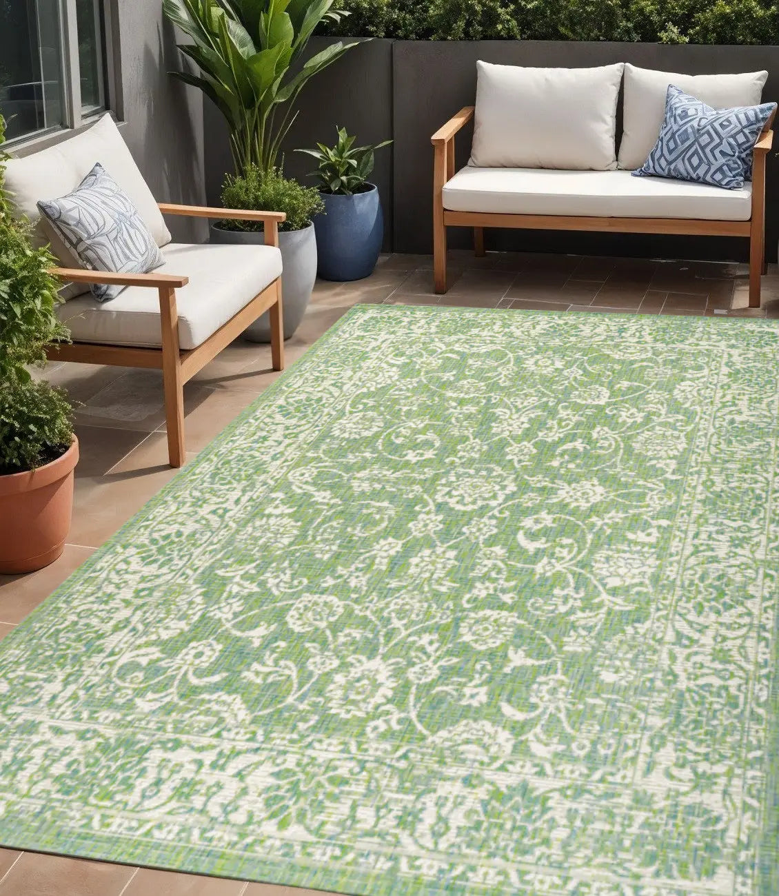5' X 8' Cream And Green Medallion Indoor Outdoor Area Rug Homeroots Outdoor