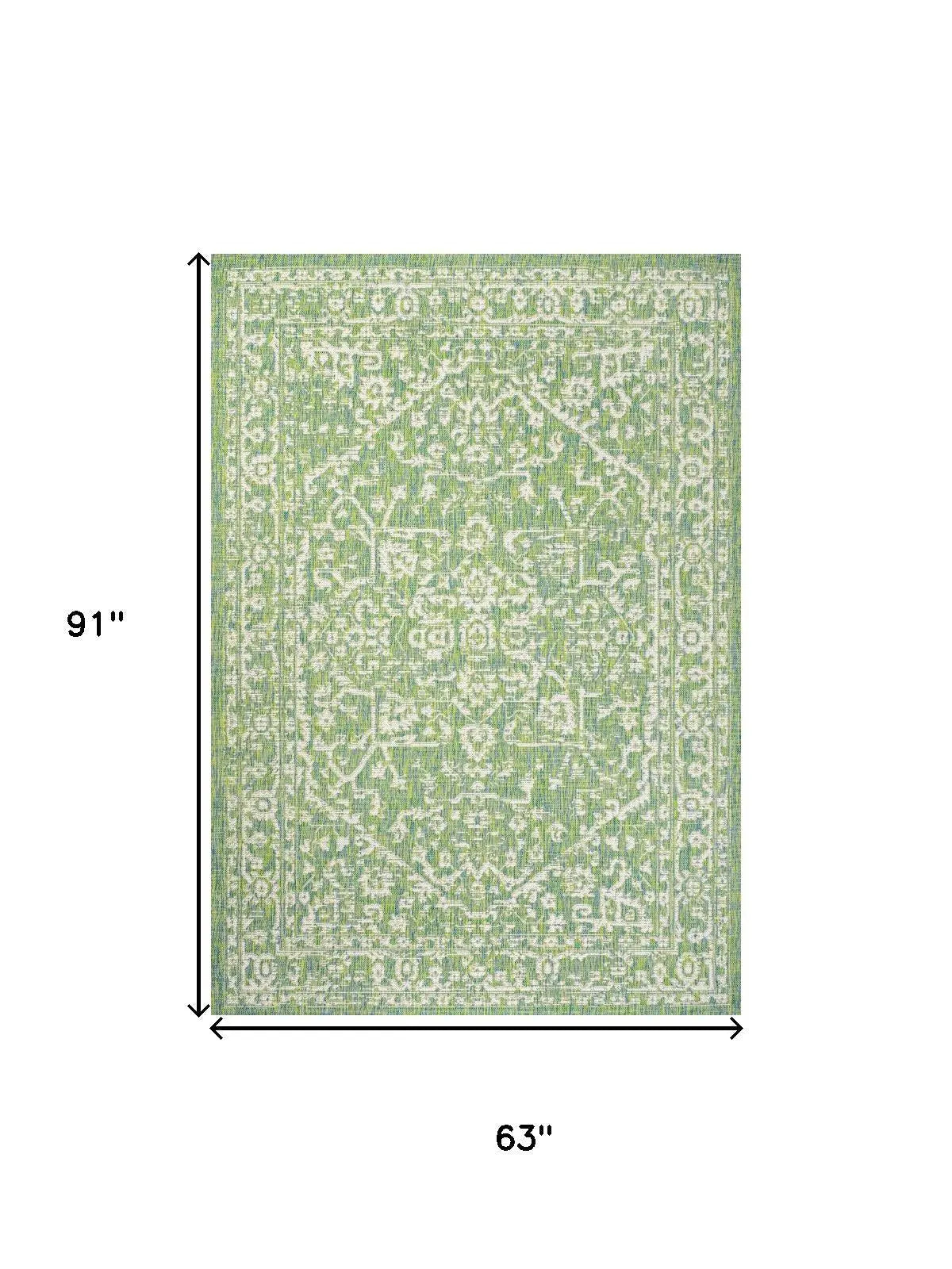 5' X 8' Cream And Green Medallion Indoor Outdoor Area Rug Homeroots Outdoor
