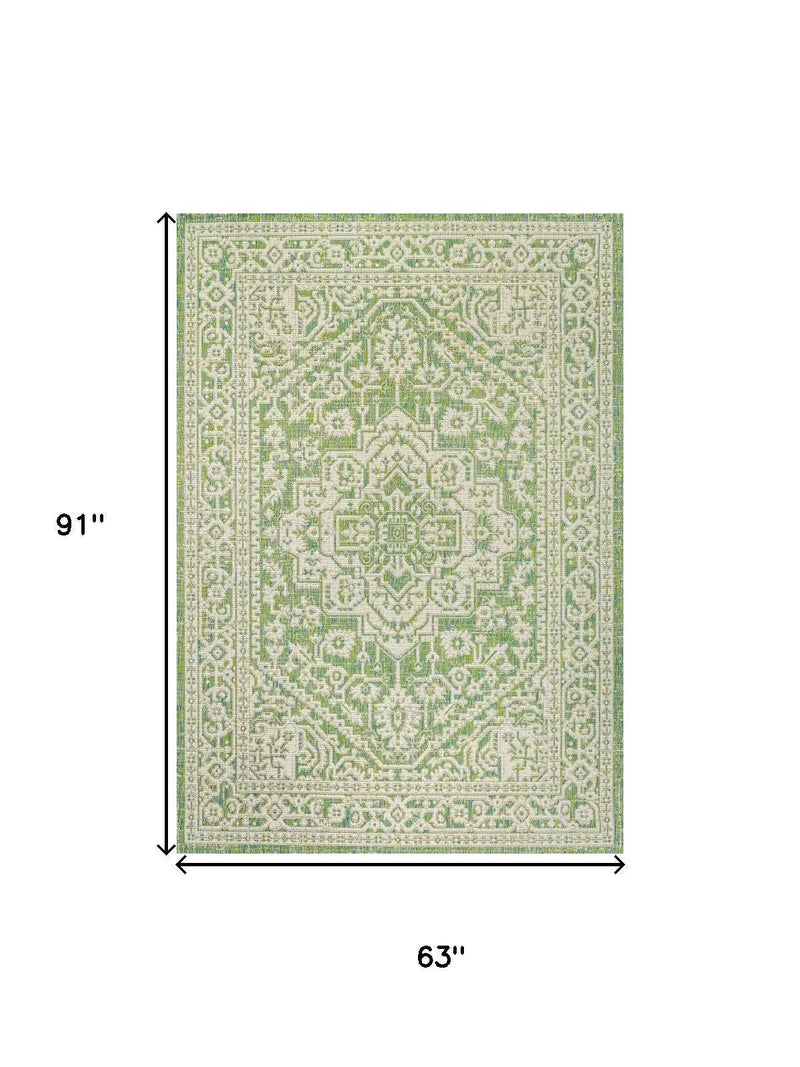 5' X 8' Cream And Green Medallion Indoor Outdoor Area Rug Homeroots Outdoor