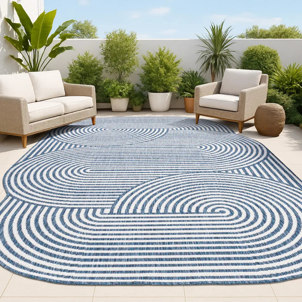5' X 8' Cream And Navy Blue Abstract Indoor Outdoor Area Rug Homeroots Outdoor
