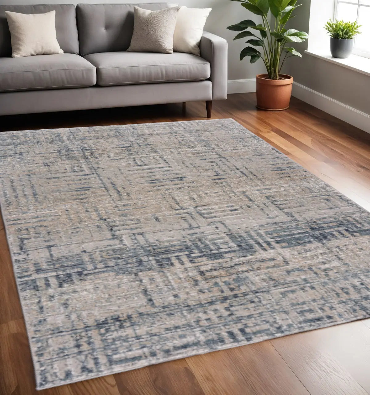 5' X 8' Cream Blue And Ivory Geometric Distressed Stain Resistant Area Rug Homeroots Home Decor