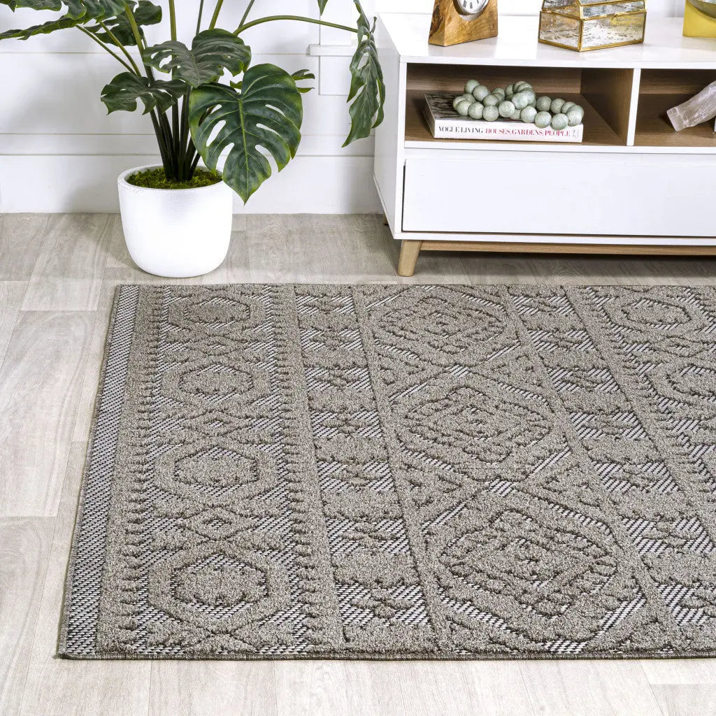 5' X 8' Dark Gray And Ivory Moroccan Indoor Outdoor Area Rug - GreatEagleInc