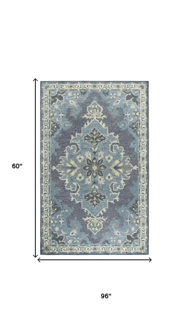 5' X 8' Dark Gray Blue Gray Natural And Ivory Wool Medallion Hand Tufted Area Rug Homeroots Home Decor