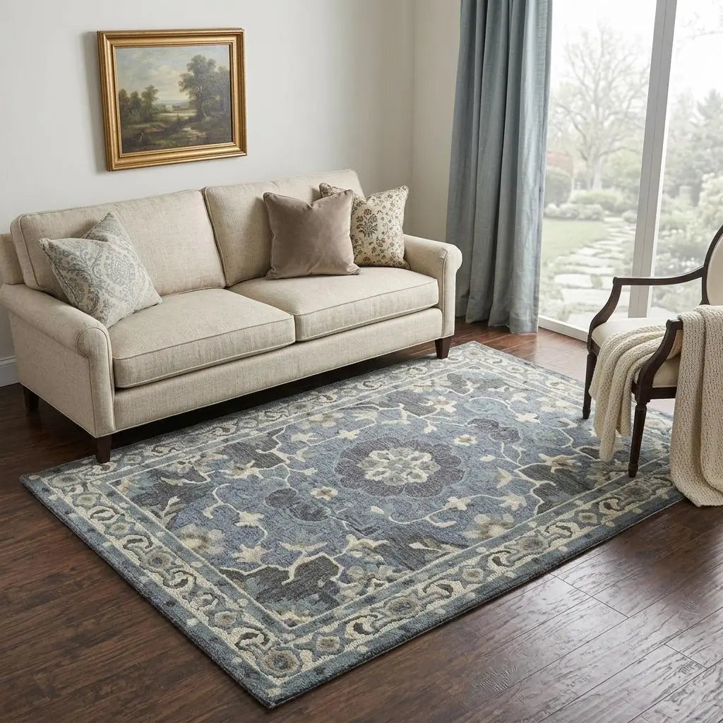 5' X 8' Dark Gray Blue Gray Natural And Ivory Wool Medallion Hand Tufted Area Rug Homeroots Home Decor