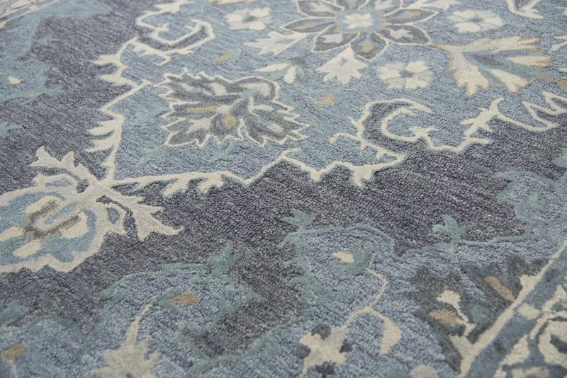 5' X 8' Dark Gray Blue Gray Natural And Ivory Wool Medallion Hand Tufted Area Rug Homeroots Home Decor