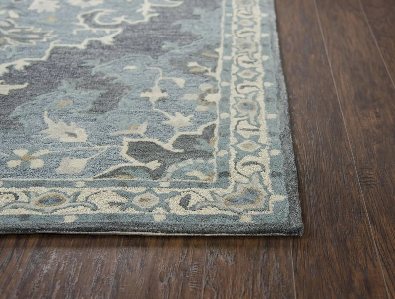 5' X 8' Dark Gray Blue Gray Natural And Ivory Wool Medallion Hand Tufted Area Rug Homeroots Home Decor
