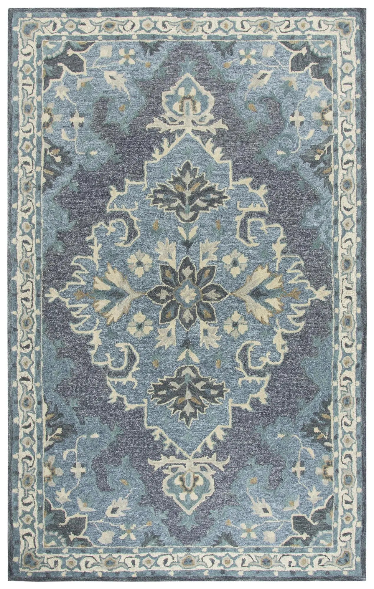5' X 8' Dark Gray Blue Gray Natural And Ivory Wool Medallion Hand Tufted Area Rug Homeroots Home Decor