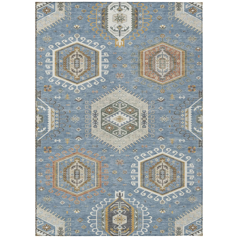 5' X 8' Denim Blue And Beige Tribal Washable Indoor Outdoor Area Rug Homeroots Outdoor