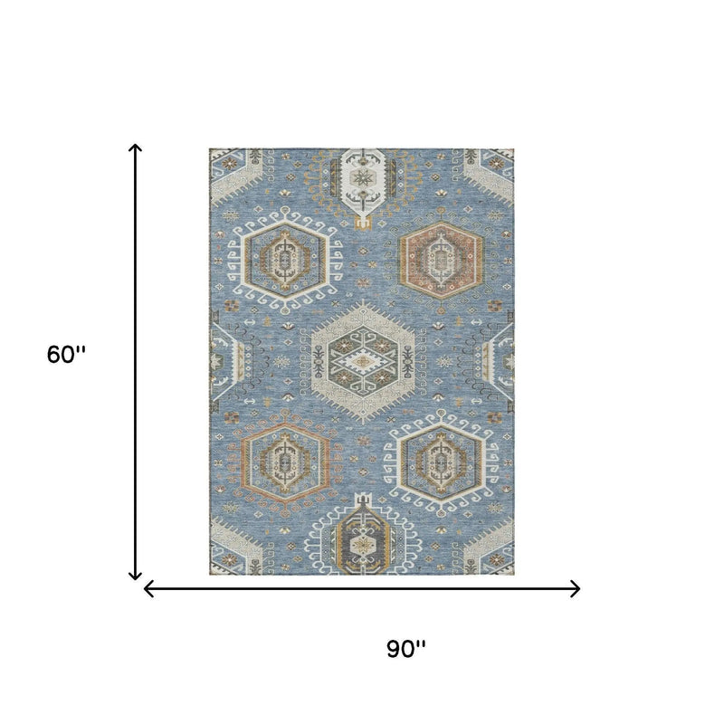 5' X 8' Denim Blue And Beige Tribal Washable Indoor Outdoor Area Rug Homeroots Outdoor