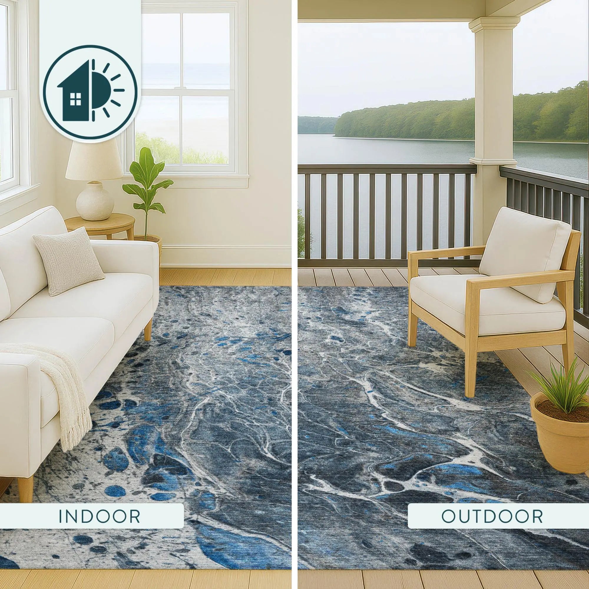 5' X 8' Denim Blue And Blue Abstract Washable Indoor Outdoor Area Rug Homeroots Outdoor